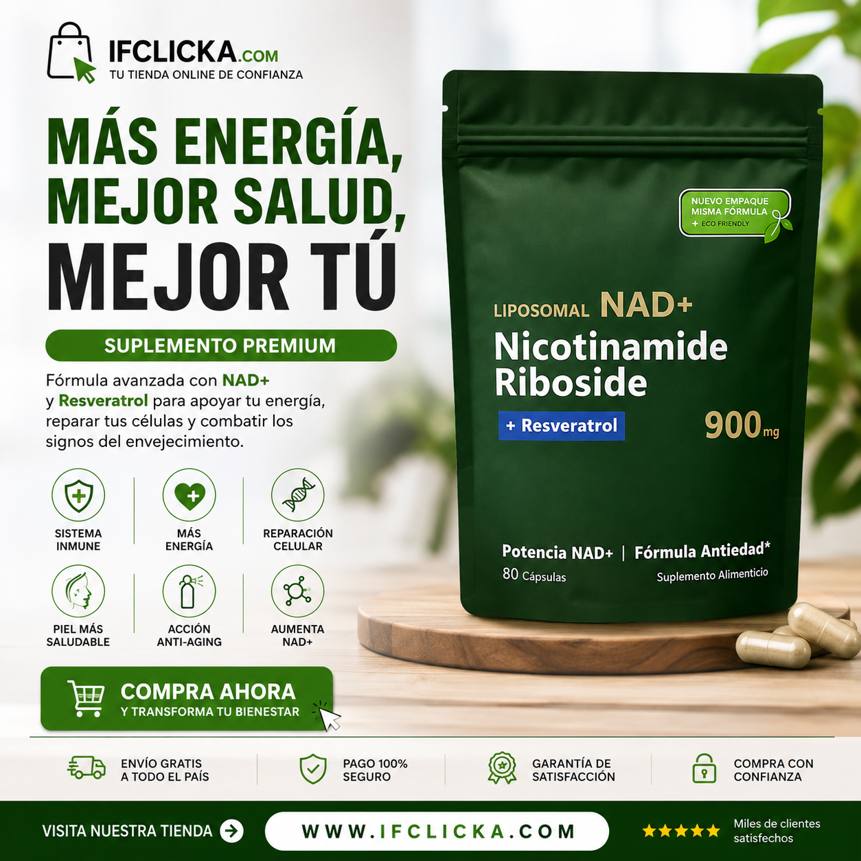 Recarga tu energía celular desde adentro — NAD+ con Resveratrol 900 mg | 80 Cápsulas